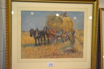 Lot 430 - James William Booth RCamA (1867-1953), Haymaking, signed, pastel drawing, 24cm by 32cm