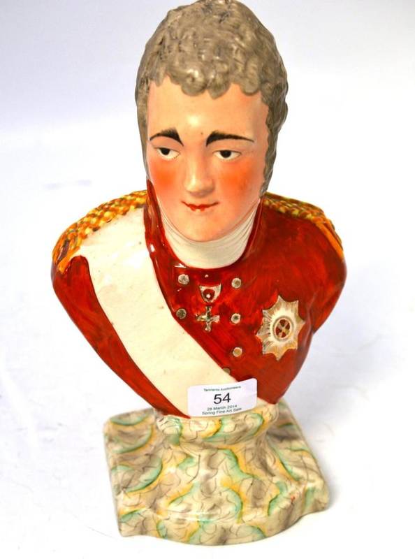 Lot 54 - A Wood & Cauldwell Pearlware Bust of Tsar Alexander I, circa 1820, wearing military dress, on a...