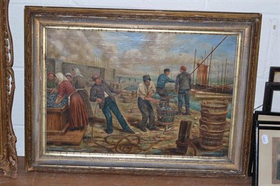 Lot 446 - W E Saunders, Quay scene unloading the catch, oil