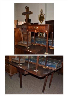 Lot 478 - A mahogany drop leaf table, a Georgian mahogany single drawer side table and a carved oak hall...