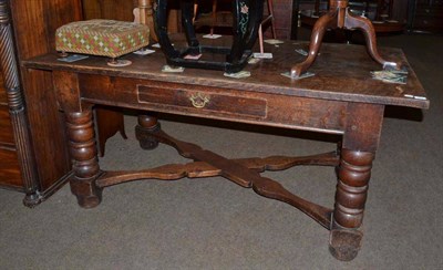 Lot 501 - 19th century oak table with single drawer on X-stretcher base