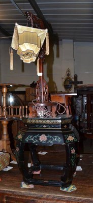 Lot 502 - Oriental black lacquer occasional low table painted with flowers and birds and a Chinese carved...