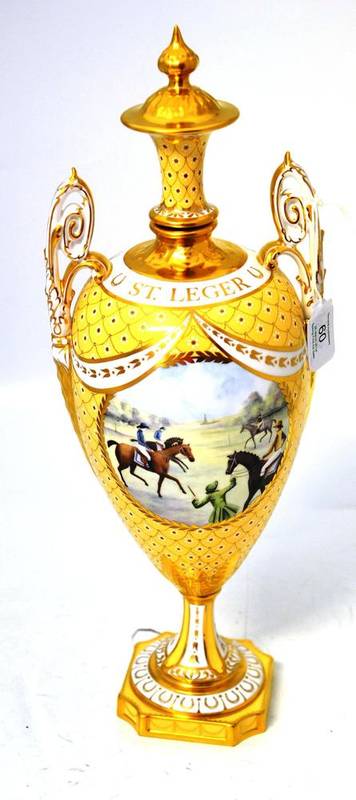 Lot 60 - A Royal Crown Derby China St Leger Vase 1976, designed by June Branscombe, of urn form, painted...
