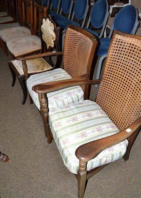 Lot 526 - Two bergere elbow chairs, a set of three Edwardian mahogany salon chairs, a pair of mahogany...