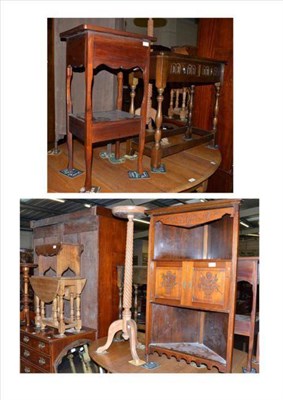 Lot 555 - A late 19th century mahogany corner unit, mahogany work table, reproduction oak two drawer...