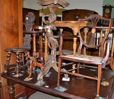 Lot 557 - A mahogany tripod table, a carved oak spinning chair, Edwardian mahogany elbow chair and a...