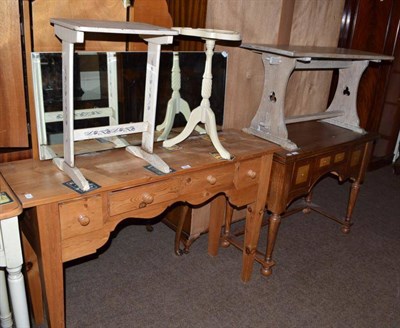 Lot 565 - A pine four drawer dressing table, white painted tripod table, another table, an oak table and...