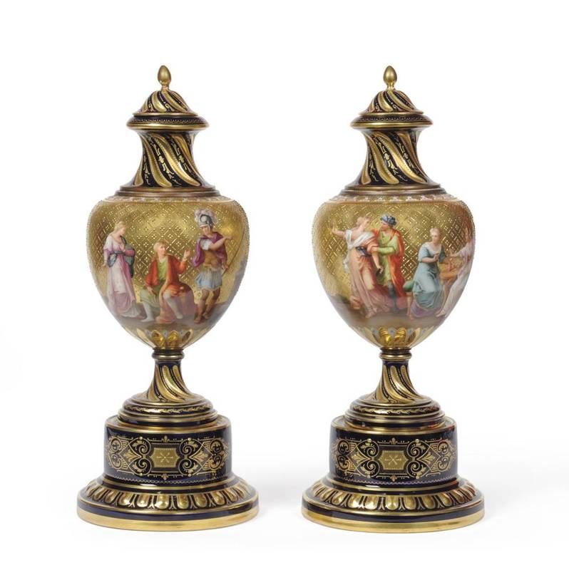 Lot 67 - A Pair of Vienna Style Porcelain Urn Shaped Vases and Covers, circa 1900, the wrythen covers...