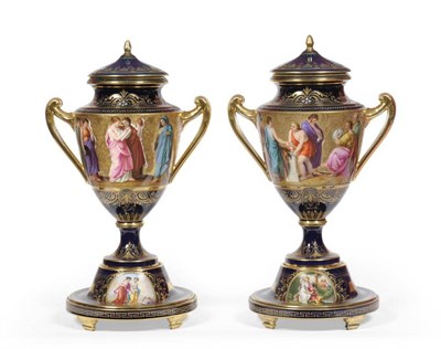 Lot 68 - A Pair of Vienna Style Porcelain Urn Shaped Vases and Covers, circa 1900, the covers with acorn...