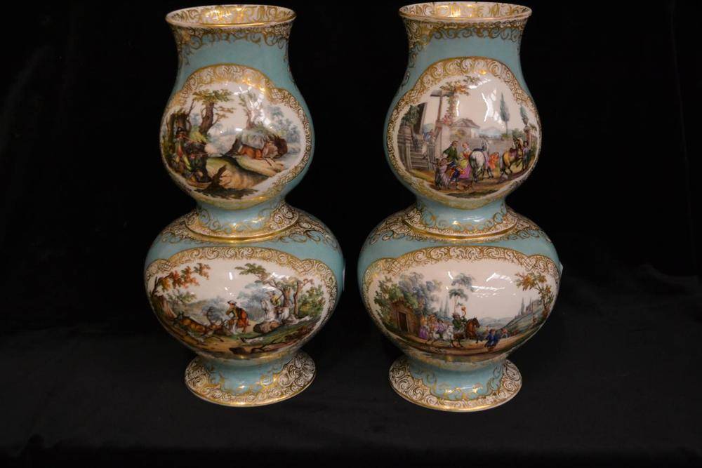 Lot 73 - A Pair of Dresden Porcelain Double Gourd Shaped Vases, late 19th century, painted with hunting...