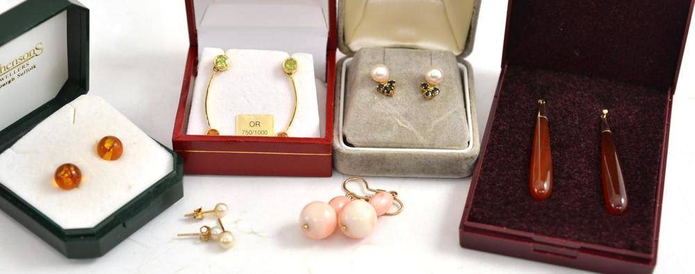 Lot 3 - Seven pairs of earrings, including cultured pearl studs, stone set drops etc