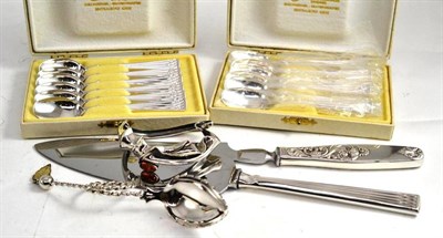 Lot 8 - Two sets of six Norwegian silver teaspoons, two cake slices, a spoon and a Polish bangle