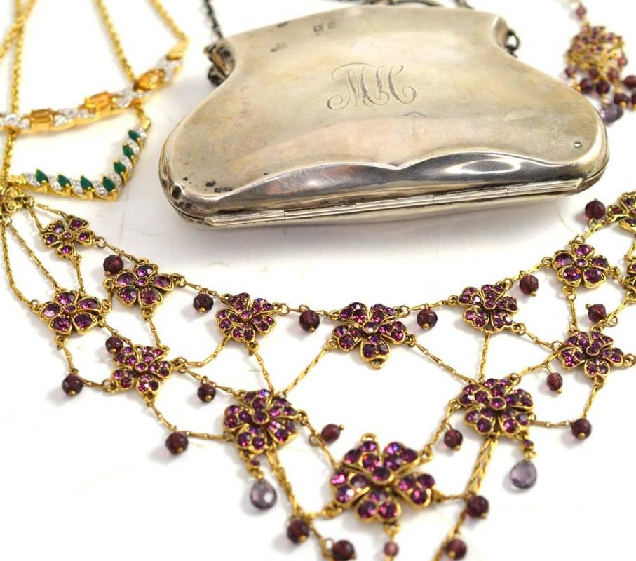 Lot 27 - Monet' necklace and matching earrings, two 9ct gold necklaces and a silver hinged purse