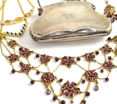 Lot 27 - Monet' necklace and matching earrings, two 9ct gold necklaces and a silver hinged purse