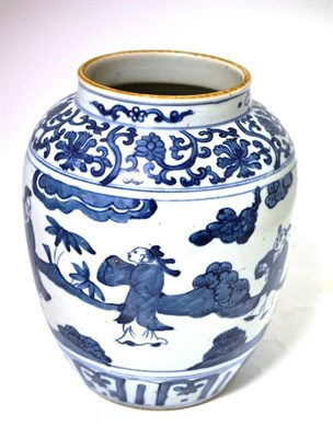 Lot 82 - A Chinese Porcelain Ovoid Jar, 17th century, painted in underglaze blue with a continuous scene...