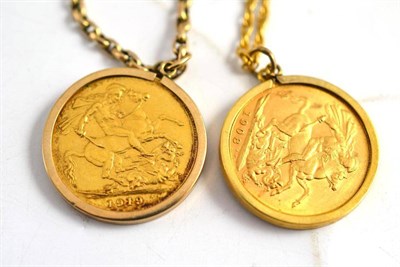 Lot 41 - Two full sovereigns dated 1908 and 1919, both loose mounted in 9ct gold, on chains