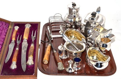 Lot 42 - A collection of assorted silver and silver plate including an antler handled carving set, tea...