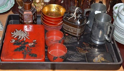 Lot 45 - A collection of Japanese and Chinese items including a pair of Chinese pewter mugs decorated...