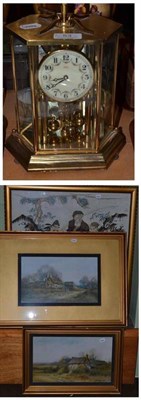 Lot 53 - Silk work picture (framed), two colour prints S.Stannard and brass type clock (4)
