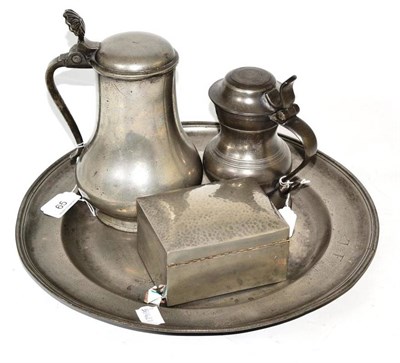 Lot 65 - A pewter salver, two tankards and a pewter cigarette box