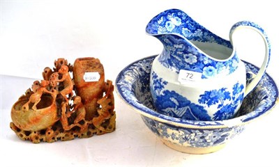 Lot 72 - Jug and bowl (a.f.) and a Chinese soapstone brushwasher