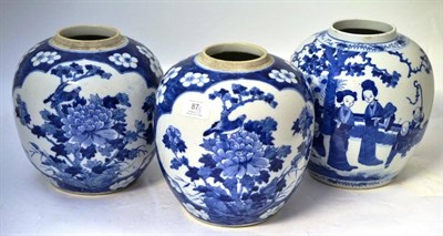 Lot 87 - A Pair of Chinese Porcelain Ginger Jars, in Kangxi style, painted in underglaze blue with birds...