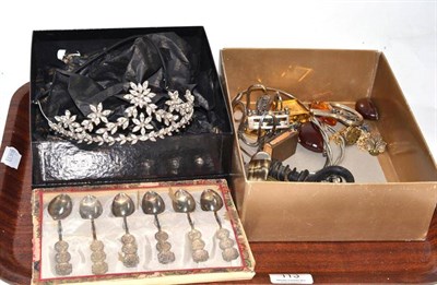 Lot 113 - A set of six Chinese export silver teaspoons, a paste set tiara stamped Butler & Wilson, and a...