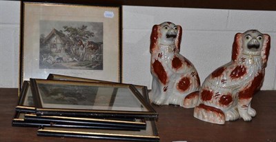 Lot 115 - A near pair of Staffordshire spaniels and a collection of sporting prints