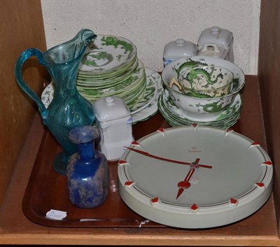 Lot 127 - Walnut clock, Continental wall clock, tea wares, glass vase, jug etc