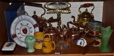 Lot 130 - Quantity of copper kettles, brassware, crockery, etc