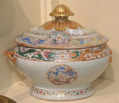 Lot 131 - A 19th century Chinese porcelain tureen and cover, decorated in polychrome enamels with five...