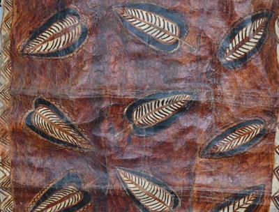 Lot 132 - A Fijian Tapa cloth, of rectangular form, the deep rust coloured field painted with twelve...