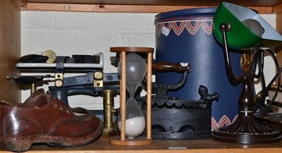 Lot 139 - A collection of assorted scales, weights, a chamberstick, postal scale, iron, drawing sets etc