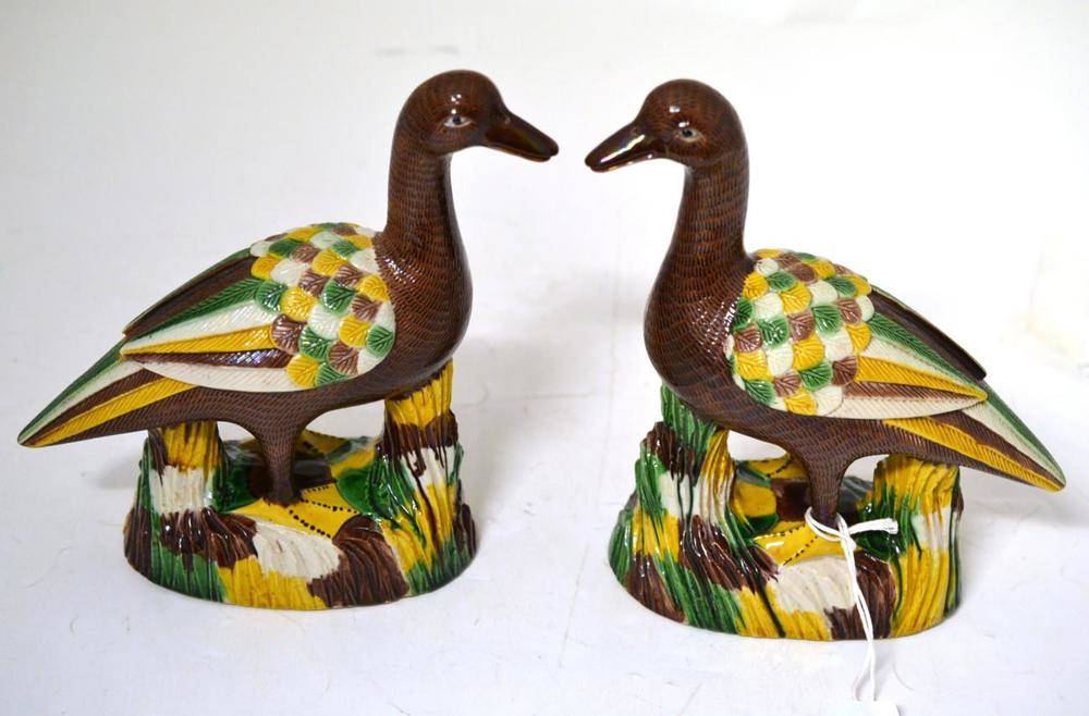 Lot 93 - A Pair of Chinese Porcelain Figures of Geese, in Kangxi style, with incised plumage picked out...