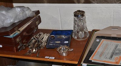 Lot 150 - Masonic regalia, four bank certificates, silver mounted jug, silver plated flatware etc