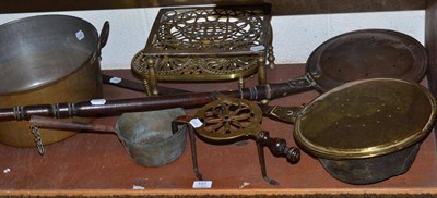 Lot 151 - Three brass trivets, a Georgian brass warming pan, a copper warming pan, a brass jam pan and a...