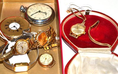 Lot 160 - A lady's 9ct gold Omega watch, a Waltham gold plated watch and six other watches