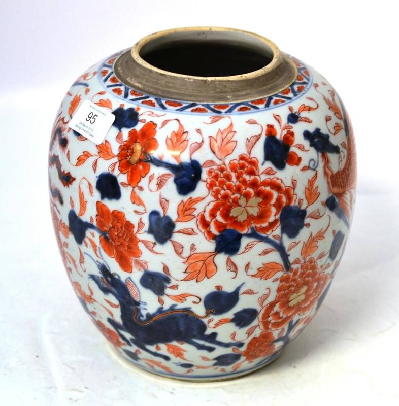 Lot 95 - A Chinese Imari Ginger Jar, circa 1730, typically painted with mythical beasts amongst foliage...