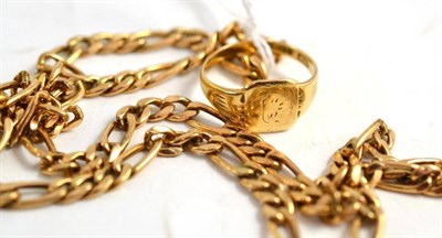 Lot 168 - A 9ct gold figaro link necklace and signet ring