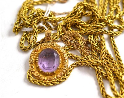 Lot 169 - An amethyst pendant on chain and a long length chain (unmarked)