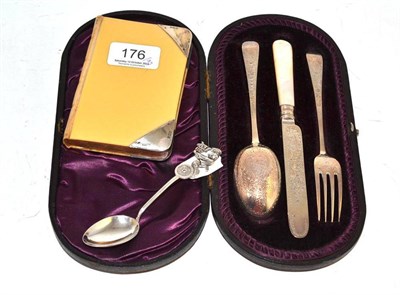 Lot 176 - A cased three piece silver Christening set, a Chinese spoon and a silver bound prayer book