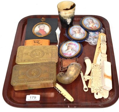 Lot 179 - Tray including Sevres style porcelain mounts, Christmas tins, horn snuff mull, miniature...