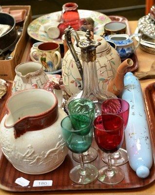 Lot 180 - Two trays including wine, claret jug, Canton plate, etc