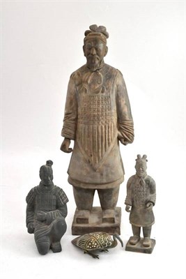 Lot 187 - Three Chinese funerary figures and a soapstone carving