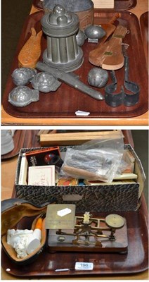 Lot 196 - Two trays of collectables including postal scales, a pewter ice-cream mould, leaf tobacco box...