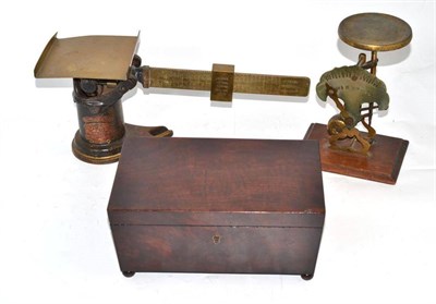 Lot 203 - Two brass postal scales and a 19th century tea caddy