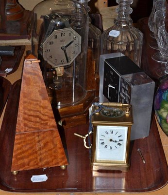 Lot 207 - A Daum mantel clock, brass carriage clock, Boulle electric clock on an Art Deco stand under...