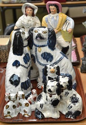 Lot 219 - One tray of Staffordshire figures including a large pair of spaniels, three small pairs of...