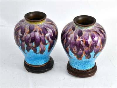 Lot 225 - Pair of Ginbarie cloisonne enamel decorated vases on hardwood stands