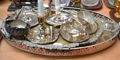 Lot 242 - Two silver plated trays, chamber sticks, sauce boats, etc